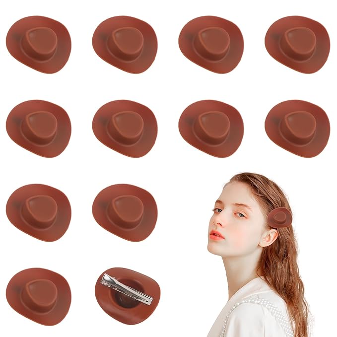 12 Pcs Mini Cowboy Hat Clips Plastic Cowgirl Hat Hair Clip for DIY Home New Year Anniversary Birthday Decor Brown