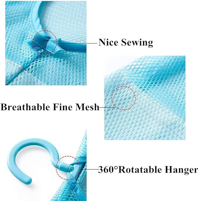 DurReus Multipurpose Clothespin Bag with Hanger Pink Blue Green Hanging Mesh Drying Bag Laundry Shower Caddy Kitchen Bathroom Storage Organizer 3 Pack