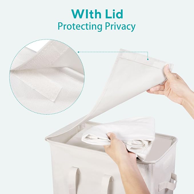 Slim Foldable Laundry Hamper with Lid and Handle Space Saving Laundry Basket for Bedroom Bathroom Dorm Apartment Single Household Students Clothes Towels Toys Baby Organizer Storage Beige