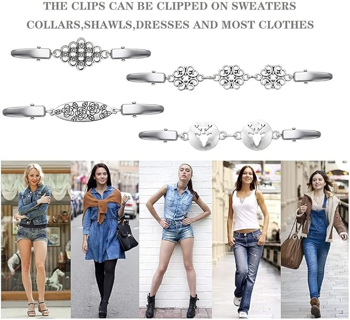 Vintage Sweater Clips Shawl Dresses Shirt Clips Retro Cardigan Collar Chain Clips Brooch Pins for Women