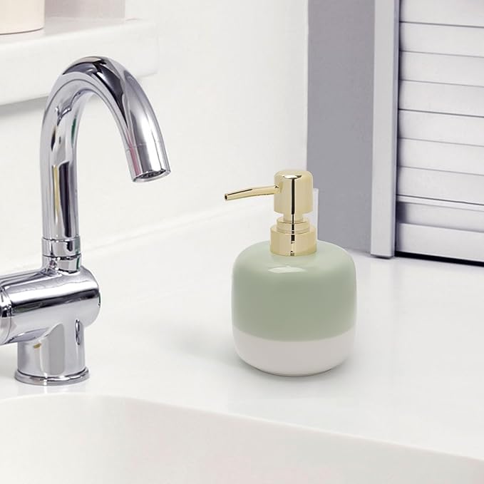 Ceramic Soap Dispenser Green and White Two Color Splicing with Gold Pump,Simple Design Cylindrical Lotion Dispenser Bottle,Refillable Liquid for Kitchen,Bathroom,Washroom