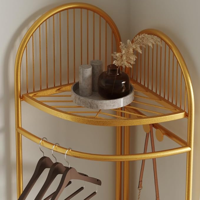 corner coat rack,corner hall tree,metal clothes rack,gold clothing rack with storage basket and hooks for bedroom,living room,entryway.corner storage rack for clothes.