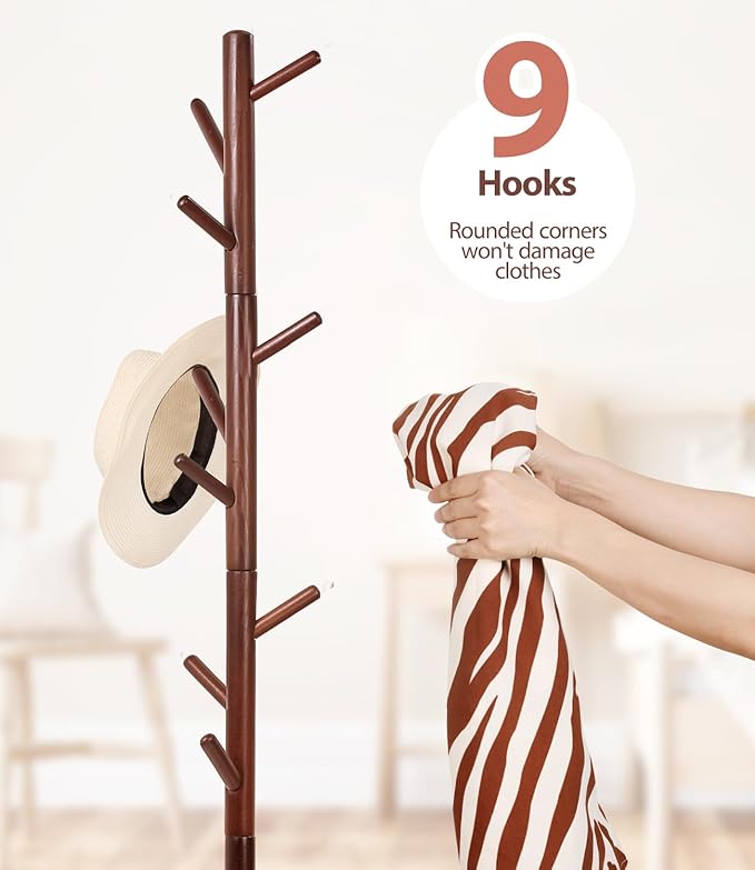 Beech Wood Coat Rack Stand with 9 Hooks, 3 Height Adjustable, simple Freestanding Solid Wooden Coat Tree Hanger for Clothes, Hats, Scarves, bags, Jackets, Bedroom, livingromm, Office(Brown)