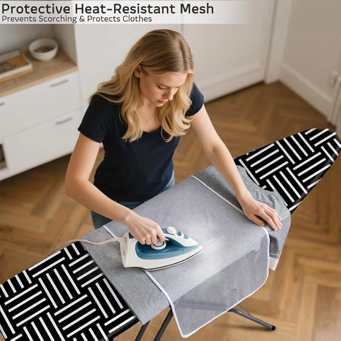 FIOBEE Ironing Board Cover and Pad Extra Thick Iron Board Pad with Heat-Resistant Mesh Padded Iron Board Covers Adjustable Buckle & Elastic Edges for 15x54 Standard Size Ironing Board, Black Stripe