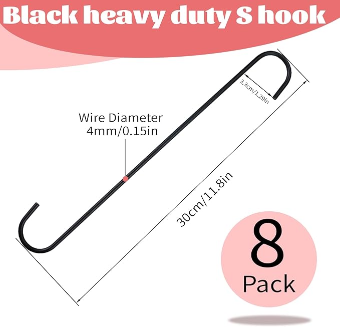 Bercoor 8 Pack 11.8 inch Extra Large S Hooks Black Heavy Duty Plant Hanging Hooks Long S Shaped Extension Hooks for Kitchenware, Pots, Utensils, Plants, Wardrobe, Gardening Tools, Clothes