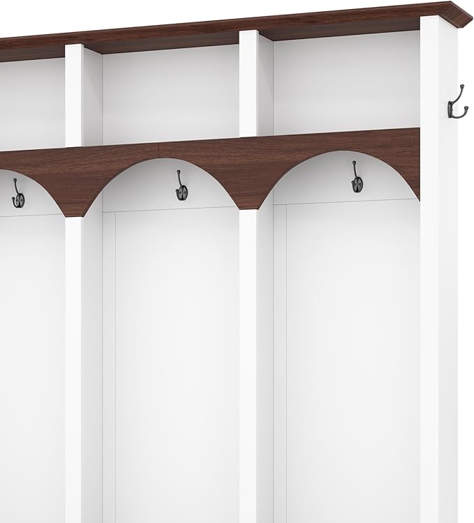 Farmhouse 59" Wide Hall Tree with 5 Black Hooks and Arched Design, Wood Grain Bench with Open Compartments, 4-in-1 Hallway Shoe Cabinet for Mudroom, Living Room (White-9.9)