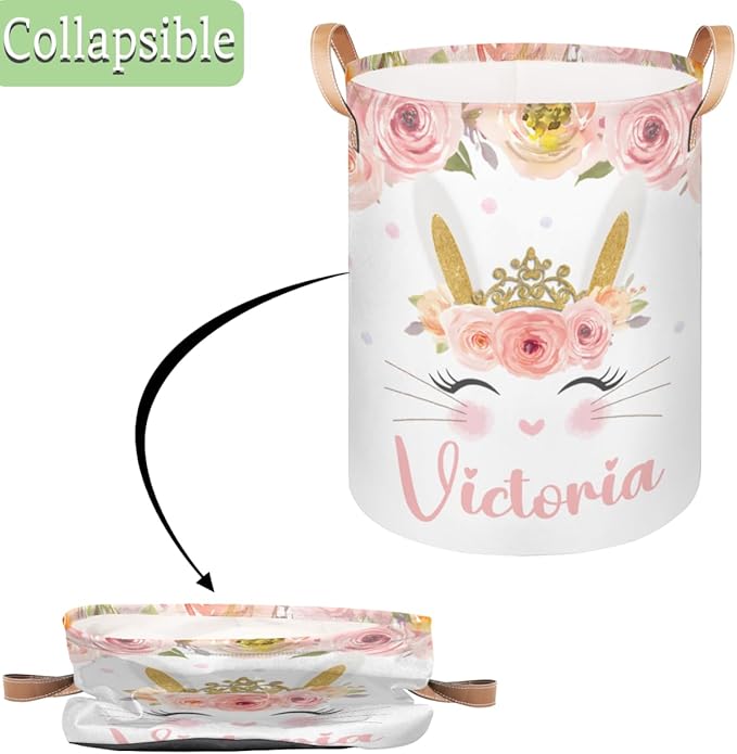 Personalized Laundry Basket, Custom Gift Laundry Hamper, Collapsible Nursery Waterproof Laundry Baskets, Dirty Clothes Toy Hamper with Handles Pink Floral Cute Bunny