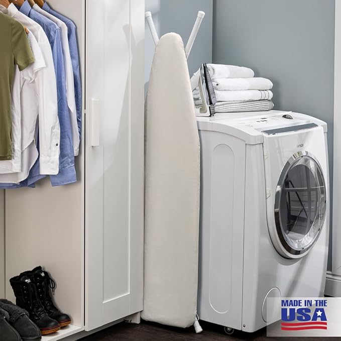Full Size Ironing Board Made in USA – Beige by Seymour Home Products 4 Heavy-Duty Steel Legs Perforated Top for Steam Includes Cover & Pad Sturdy, Foldable Iron Board for Home & Laundry