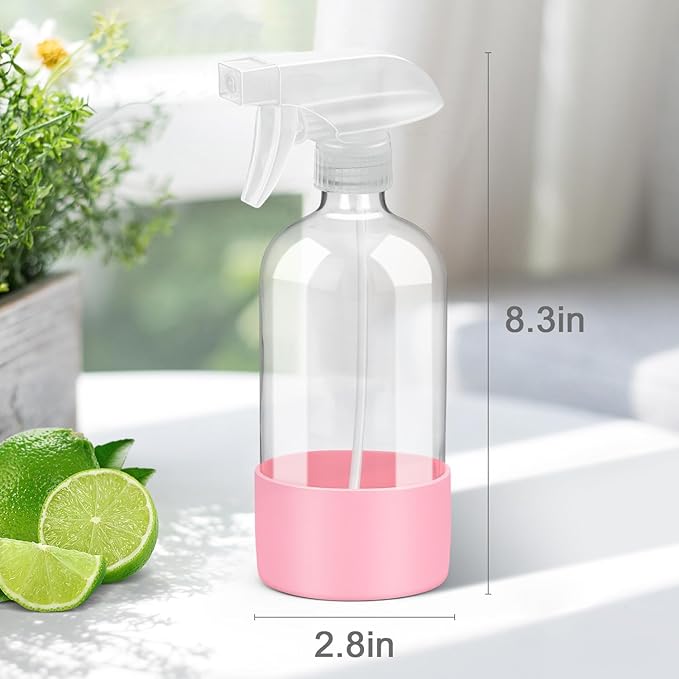 Glass Spray Bottles with Silicone Sleeve Protection, Empty 16 oz Refillable Containers, Reusable Spray Bottles with Adjustable Nozzle for Hair, Cleaning Solutions, 3 Pack Pink