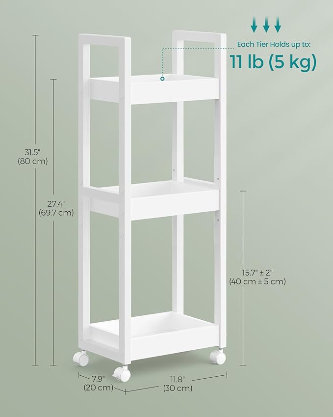 SONGMICS Bamboo Rolling Cart, 3-Tier Utility Cart on Wheels, Slim Narrow Storage Shelf, Bamboo Shelves, Space-Saving, Multifunctional, for Bathroom, Kitchen, White UBCB083W01