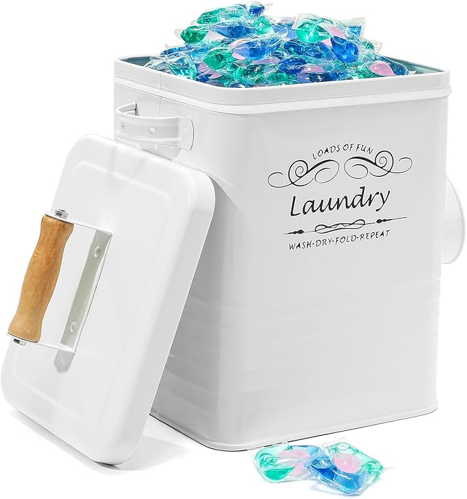 SSTATES Laundry Room Organization Set, Metal Laundry Detergent Pods Container and Dryer Sheet Holder with Lid, Laundry Powder Storage Bin with Scoop for Farmhouse Decor, (2 Pack, White)