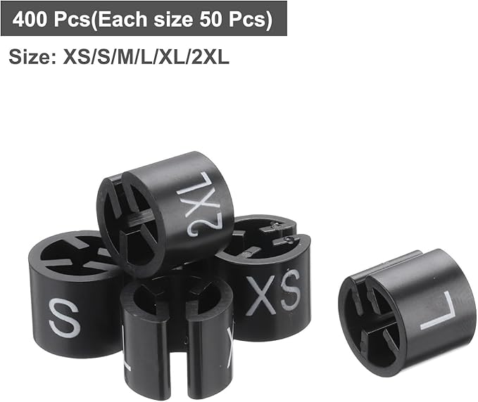 MECCANIXITY Clothes Hanger Marker XS/S/M/L/XL/2XL Size Tag Fit 3mm Rod Black for Garment Clothing Color Coding, 300Pcs