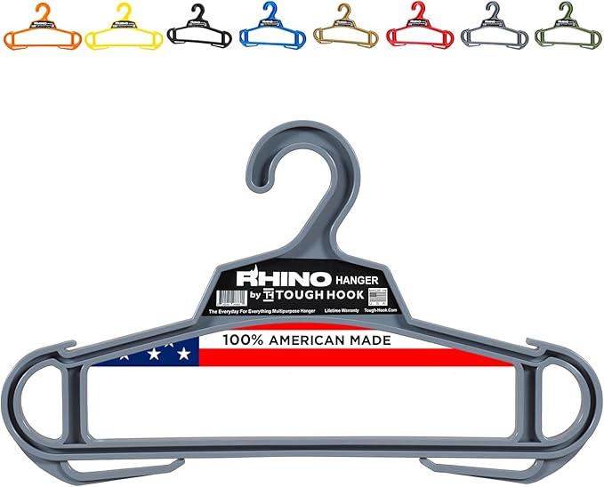 Rhino Tough Hook Heavy Duty Clothes Hangers – USA-Made Military Grade Coat Hanger for Body Armor – 200-lb Capacity Suit Hangers – The Everyday for Everything, The Indestructible Hanger, 1 Gray