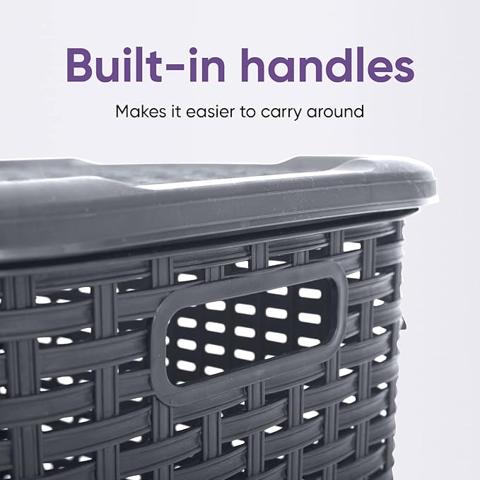 Plastic Corner Laundry Hamper with Lid, Curved Designed Laundry Basket, 2 Pack Triangle Grey Cloths Hamper Organizer with Cut-out Handles for Laundry Room Bedroom Bathroom, Wicker Design, 50 Liter