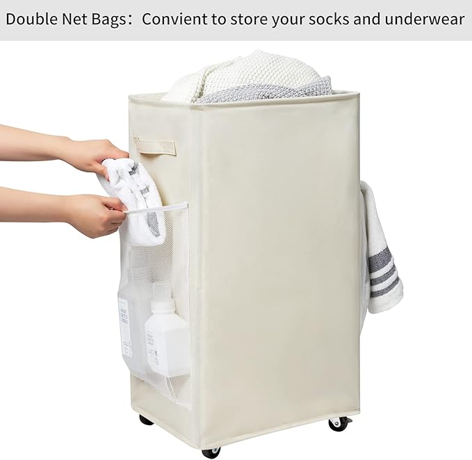 Chrislley 90L Rolling Laundry Basket Large Laundry Hamper with Wheels Collapsible Clothes Hamper Rolling Tall Laundry Storage Cart Foldable Clothes Organizer (Beige)