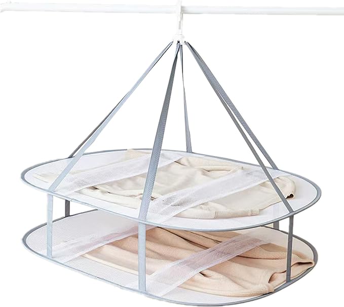 Large Size Sweater Hanging Dryer, 2 Tier Folding Drying Rack, Lay Flat to Dry Mesh Clothes Hanger for Sweater, Delicates and Swimsuit(30.7X24X25 in/1PCS)