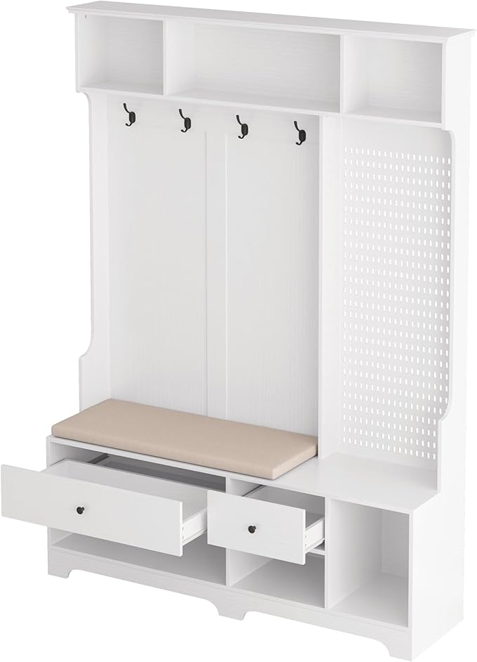 All-in-One Design Hall Tree with Removable Linen Cushioned, Entryway Bench, Coat Rack, Storage Shelves, DIY Pegboard, 4 Hooks, Multi-Purpose Hall Tree for Hallways Living Room