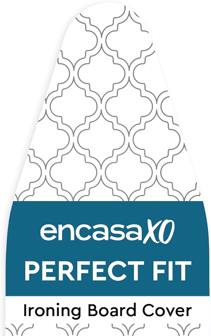 Encasa XO Ironing Board Cover and Pad 54"x15" - Thick 3mm Felt Padding, Drawstring Tightening & Lock, Easy Fit, Scorch & Stain Resistant, Fits Standard Large Ironing Board - White Tiles