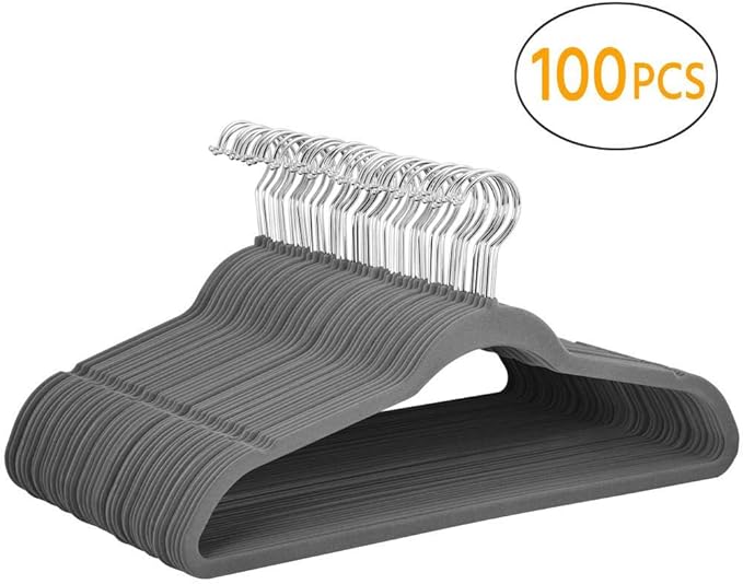 Yaheetech 100 Pack Non Slip Velvet Hangers Heavy Duty Flocked Coat Suit Hangers Space Saving Clothes Racks with 360° Swivel Hook, Gray