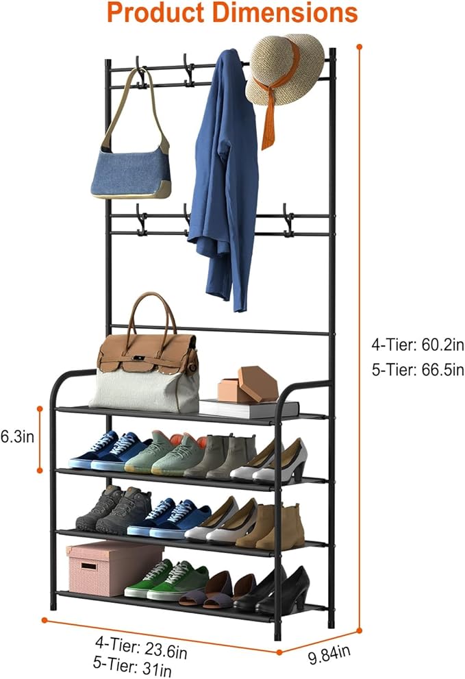 iMounTEK Coat Hat Rack Shoe Storage Shelf 5 Tier Entryway Coat Hat Rack Shoe Rack Freestanding Hall Tree Garment Hanger Stand Clothes Shoe Organizer for Home,living room, office, bedroom