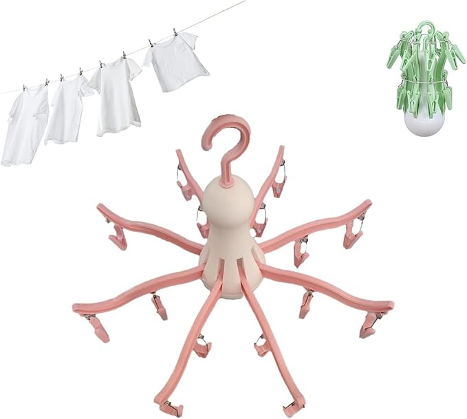 Rogess Octopus Drying Hanger, Clothes Drying Hanger with Clips, Sock Hanger for Drying, 8-Claw Octopus Hanging Dryer with 16 Clips Small Hanger, Travel, Indoor Outdoor use (Pink)