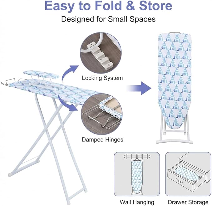 43" x 13" Ironing Board Height Adjustable Iron Board, Heavy Duty Itoning Board with Iron Rest & Heat Resistant Cover, Foldable Ironing Stand