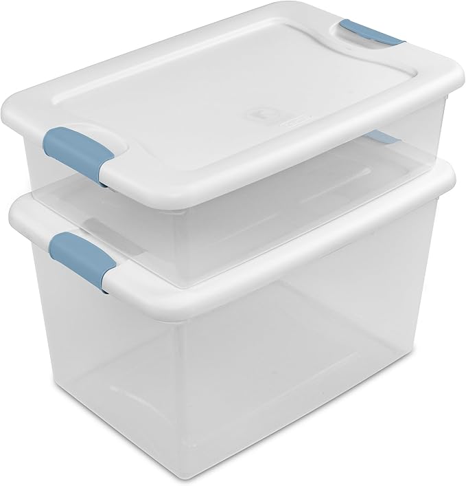 Sterilite 8 Pack Latching Box, 64 Qt Plastic Storage Container, Stackable Large Home or Office Tote Organizers with Secure Lids, White