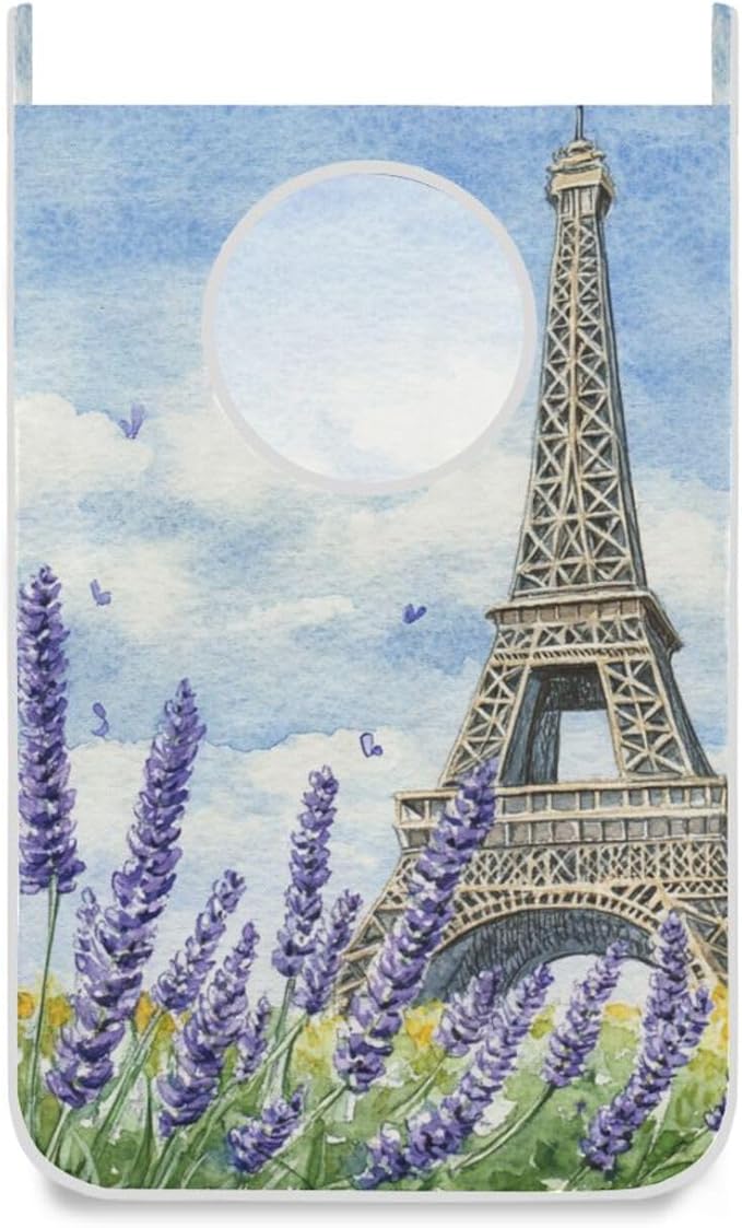 Hanging Laundry Hamper with Stainless Steel Hooks,Oxford Fabric Printing Door Laundry Clothes Bag, 29.5X20inch 1PCS Lavender Eiffel Tower Watercolour Blue
