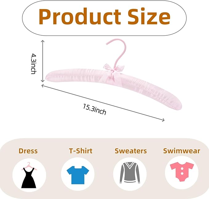 Thicker Padded Hangers for Women Clothing Sweaters,Anti-Slip Satin Hangers Padded Cute Hanger with Bow,Silky Fabric Hanger for Closet