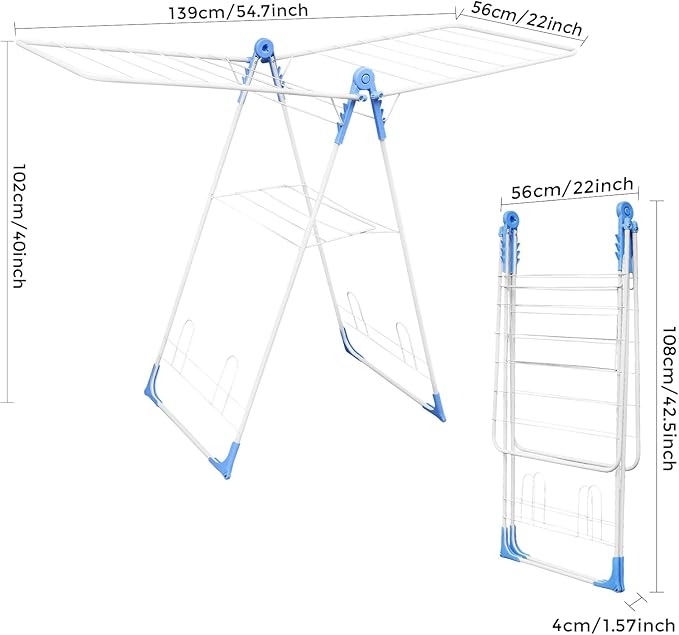 Gullwing Clothes Drying Rack,Foldable Laundry Drying Racks with Shoe Rack, Free-Standing Large Standing Airer, with Height-Adjustable Wings for Indoor Outdoor Use, Laundry Room, Balcony