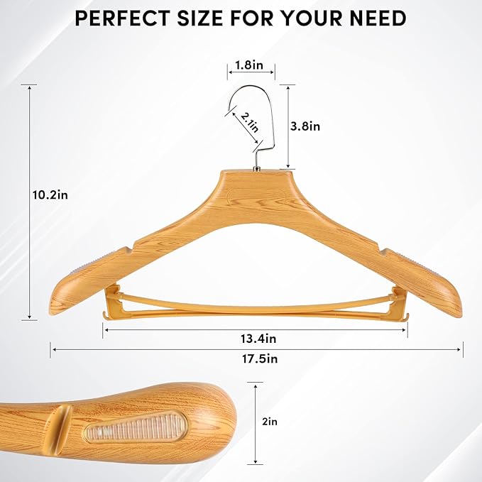 DEDU Suit Hangers for Men 15 Pack Width 17.5", Coat Hangers No Shoulder Bump Non Slip, Plastic Extra Wide Shoulder with Pants Bar & Metal Hook (Natural)