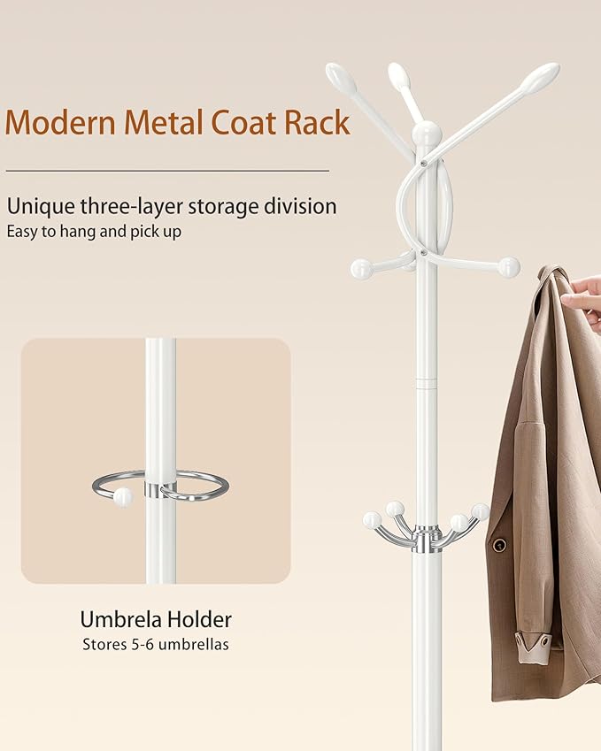 Metal Coat Rack with Natural Marble Base, Coat Rack Stand with 12 Hooks & Umbrella Holder, White Modern Freestanging Coat Racks, Coat Jacket Hanger Tree Stand for Corner Entryway Office
