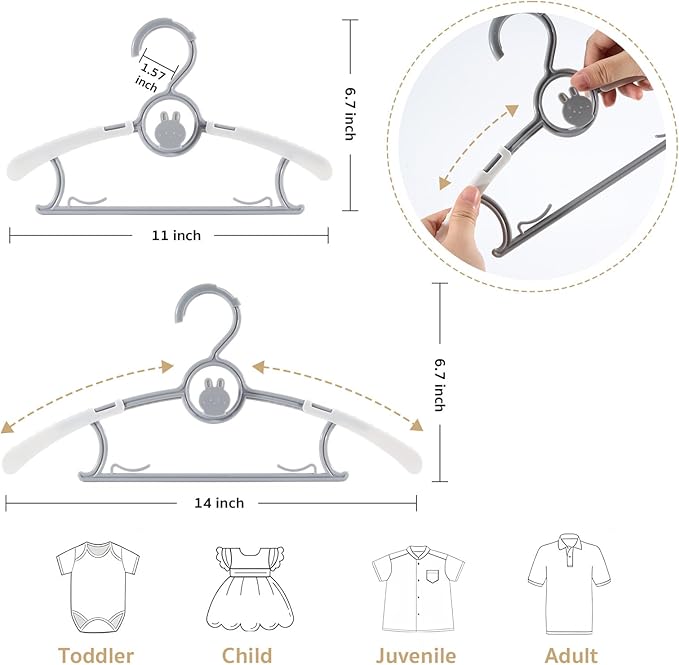 60Pack Kids Hangers, Extendable & Stackable Baby Hangers, Mix-Colors Toddler Hangeres for Toddler Children Kids Teen, 11~14Inch Non-Slip Plastic Kid Hangeres, Babys Clothes Hanger