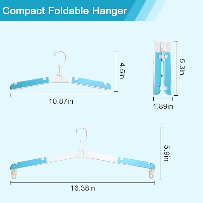 Foldable Travel Hangers for Cruise, 6 Pack Portable Collapsible Hangers with Clips, Folding & Space-Saving Suitcase Hangers for Travel, (Blue-White)