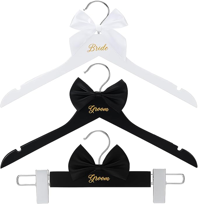 3 Pcs Bride and Groom Hangers for Dress Suit with Clips Wedding Wooden Hanger with Bow Tie for Mr and Mrs Shirt Tuxedo Suit Bridal Wedding Gift Bridesmaid Party Shower (Black,White)