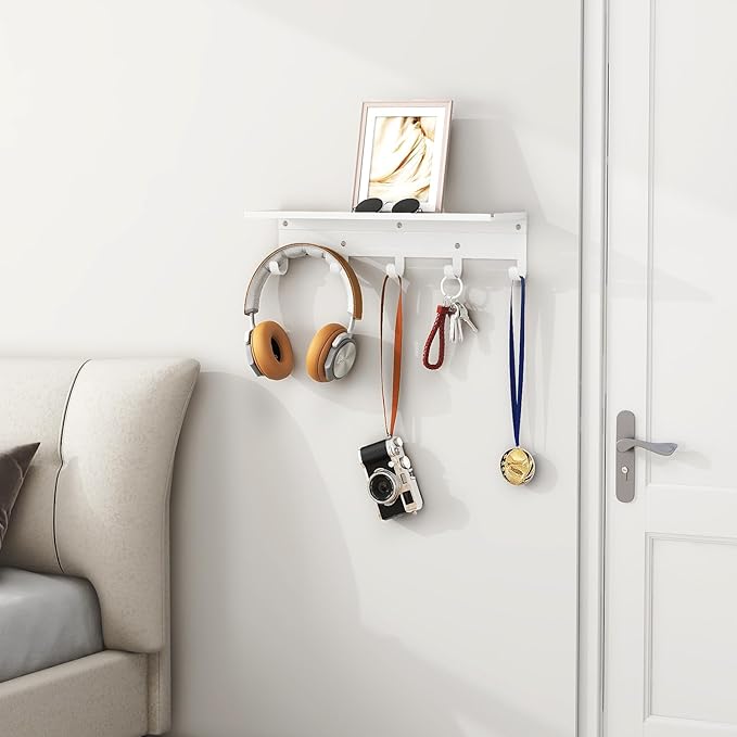 Shelf with Hooks, 17 Inch Coat Rack Wall Mount with 5 Hooks with Shelf, Metal Entryway Coat Hangers Storage Clothes, Bags, Purse, Keys for Living Room, Bedroom, White