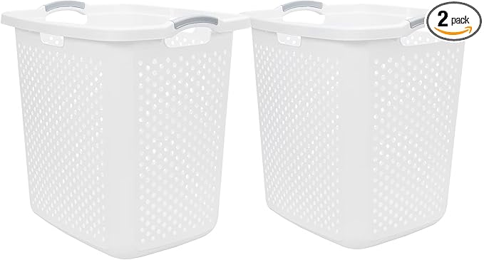 2-Pack 2.5 Bushel Large White Plastic Laundry Baskets - Heavy Duty Hamper with 4 Handles & Ventilation Holes, Space-Saving Storage for Laundry Room, Apartment, Dorm, Bedroom, Bathroom