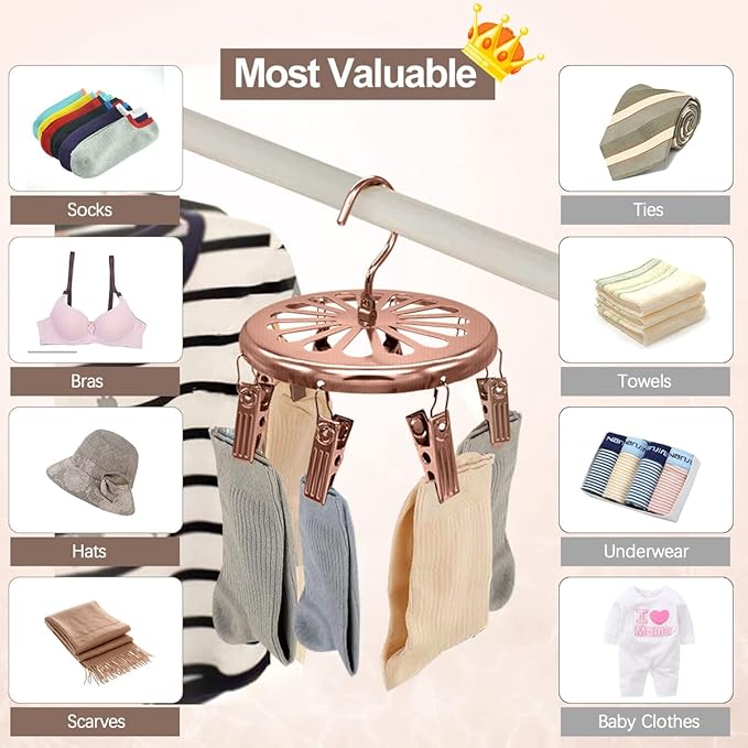 Drying Rack Portable Laundry Clothes Hanger Golden Stainless Steel Round Hanging with 8 Clips for Drying Socks, Hat, Pants, Baby Clothes, Bras, Masks, Underwear, Scarf, Gloves Hanger -Rose Gold