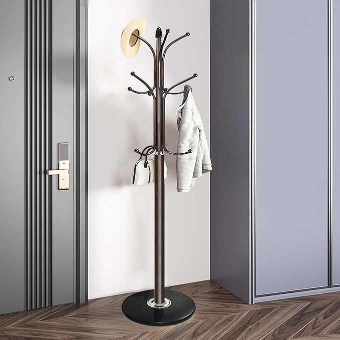Kertnic Metal Coat Rack Stand with Natural Marble Base, Free Standing Hall Tree with 12 Hooks for Hanging Scarf, Bag, Jacket, Home Entry-way Hat Hanger Organizer (Bronze)