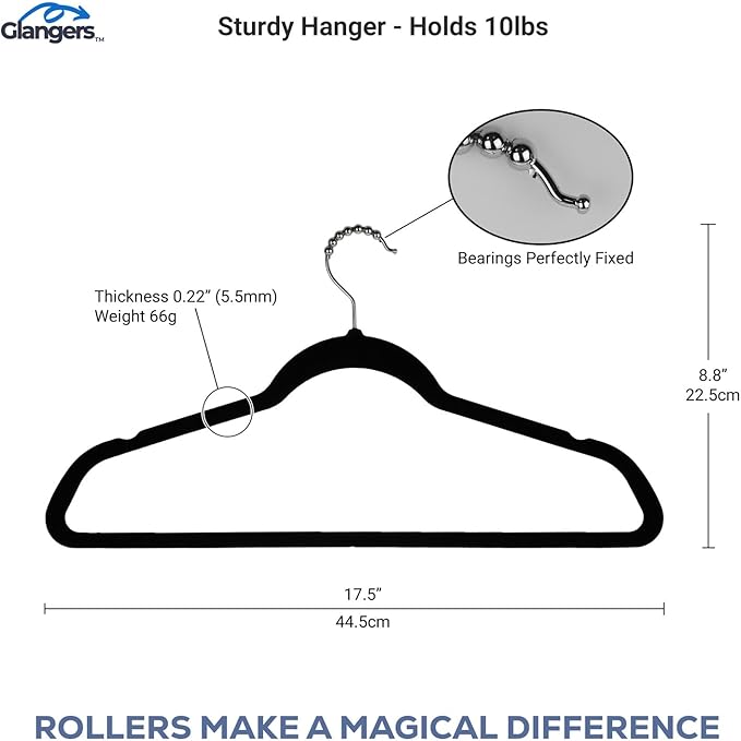 Velvet Clothes Hangers, Innovative Roller Balls Black Velvet Hangers, Felt Hangers for Clothes Shirts, Garments, Non Slip Closet Hangers (Pack of 30)