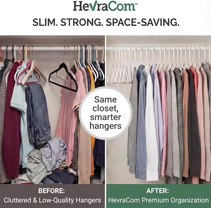HevraCom Clothes Hangers Strong Heavy Duty Non Slip Hangers 50 Pack - Space Saving Coat and Pants Hangers, Skirt Hanger and Pant Hanger for Closet Organization and Storage, Hangers Plastic 50 Pack