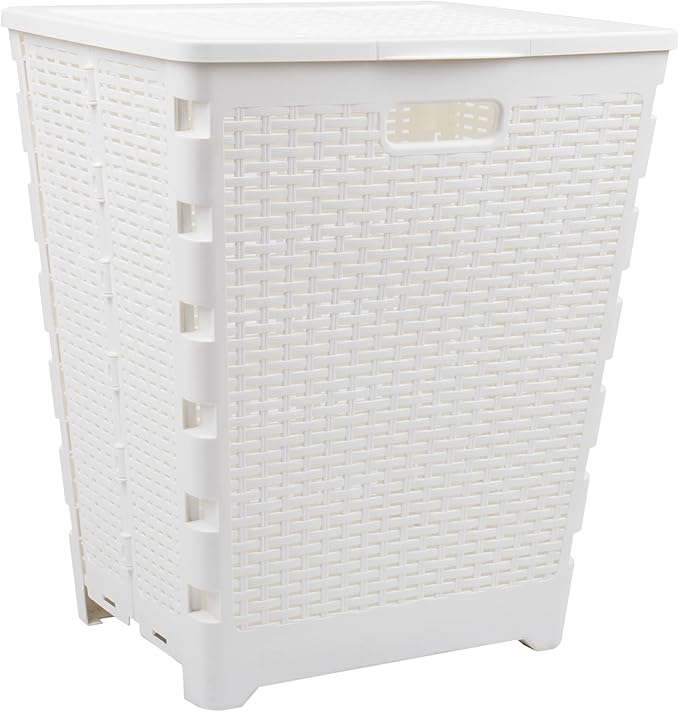 Mind Reader 61L Foldable Laundry Hamper, Clothes Basket, Lid, Wicker Design, Plastic, 18"L x 14.5"W x 21.25"H, White