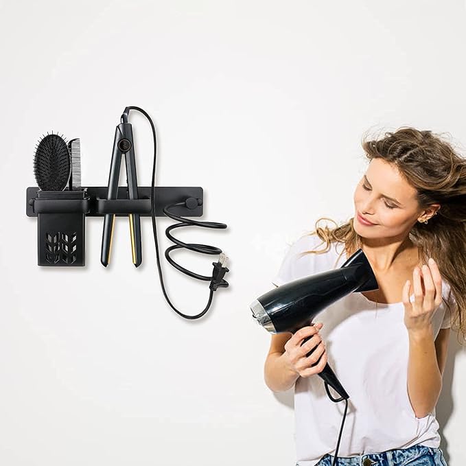 YUET Hair Dryer Holder Hairdryer Station Wall Mounted Spiral Shelf Bracket Stand Hanger Straightener Organizer Blow Storage with Holes Rack For Bathroom Aluminum Professional (Black With Cup)