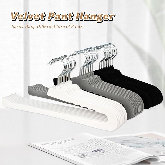 Velvet Pants Hangers,8 Pack Non Slip Felt Slack/Trouser Hanger,Slim & Sleek Heavy Duty Space Saving Closet with 360° Swivel Hook,Tank Top Hangers for Shorts,Jeans,Suit Pants,Towel(White)