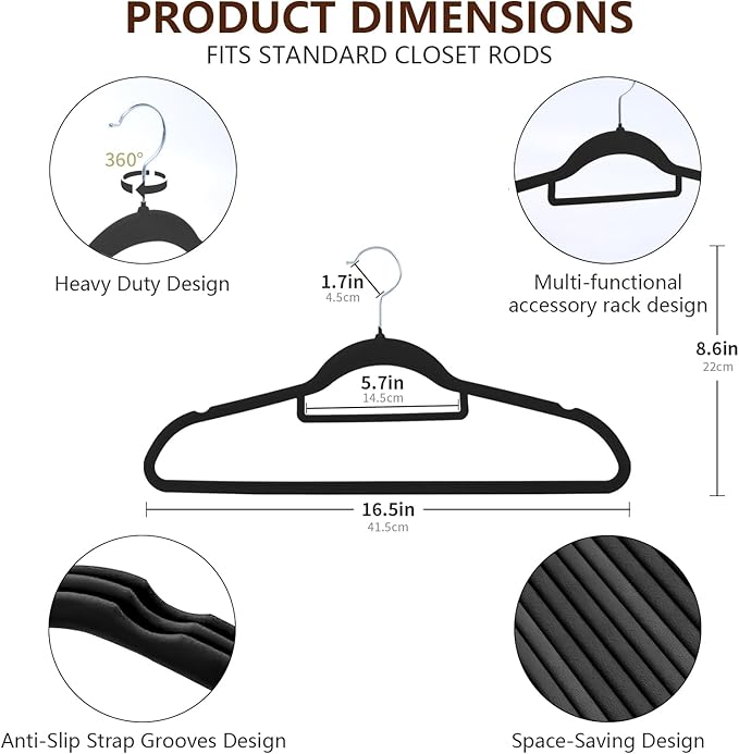 50 Pack Slim Non-Slip Velvet Hangers, Heavy Duty Space Saving Felt Coat Hangers with 360° Rotating Silver Hook (Black)