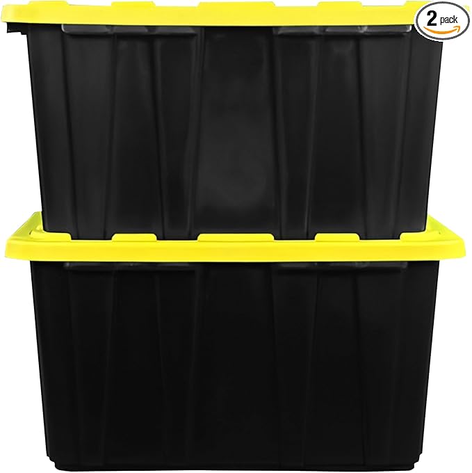 BLACK & YELLOW 27-Gallon Storage Bin with Snap-on Lid, Heavy Duty Plastic Storage Bins with Lid, Stackable, 2 Pack