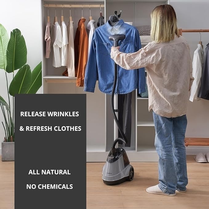 True & Tidy® Commercial Standing Clothes Steamer, Heavy Duty with 90+ mins of Steam Time, For Home and Commercial Use, 1800 watts of Powerful Steam, Wheels for Easy Movement, 3 Steam Settings (Gray) (Renewed)