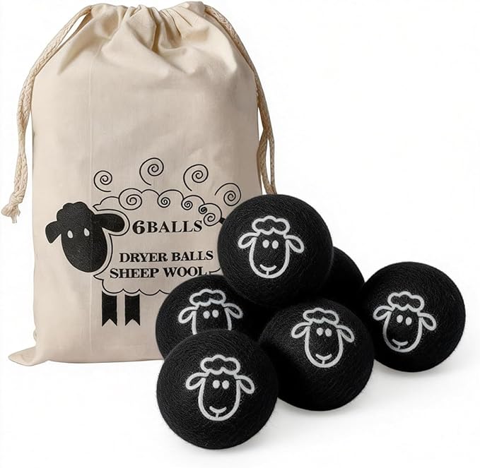 Wool Dryer Balls, New Zealand Dryer Balls Laundry Reusable Reduce Static Cling, Dryer Ball to Reduce Wrinkles & Shorten Drying Time, Drying Balls for Laundry(Pack of 6) (Black-Lamb)
