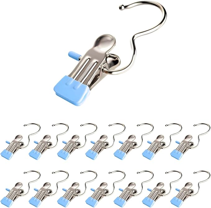 Clothes Pins, 15 Pack Hanger Hooks, Stainless Steel Laundry Clips, Travel Hangers, Towel Clips, Legging Organizer for Closet Hanging, Space Saving Hanger Clips for Pants, Jeans, Hats, Boot(15P+Blue)