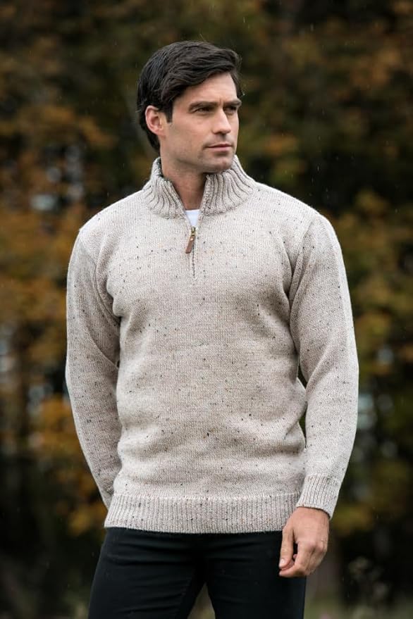 Aran Crafts 1/4 Zip Plain Sweater 100% Wool, Made in Ireland